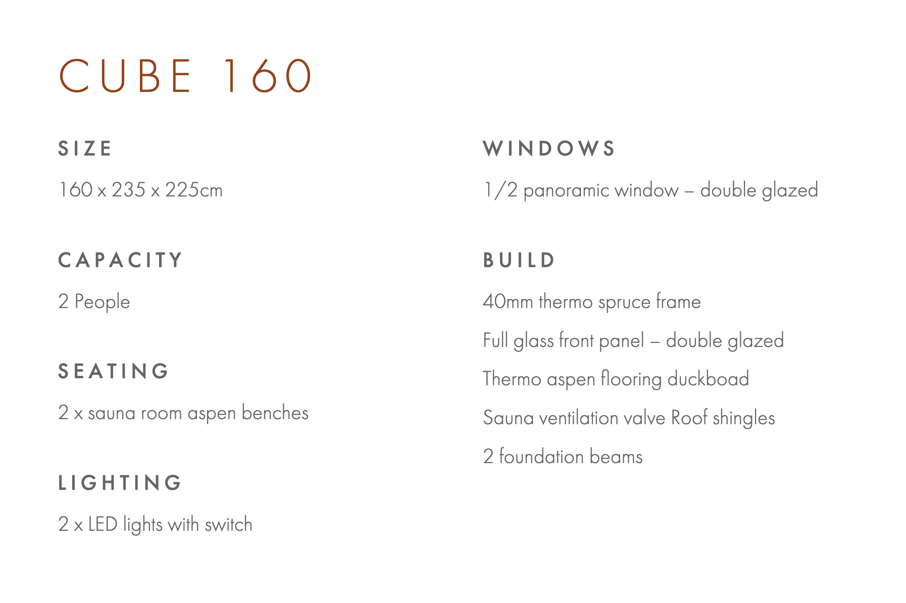 Cube 160 compact two-person sauna specifications